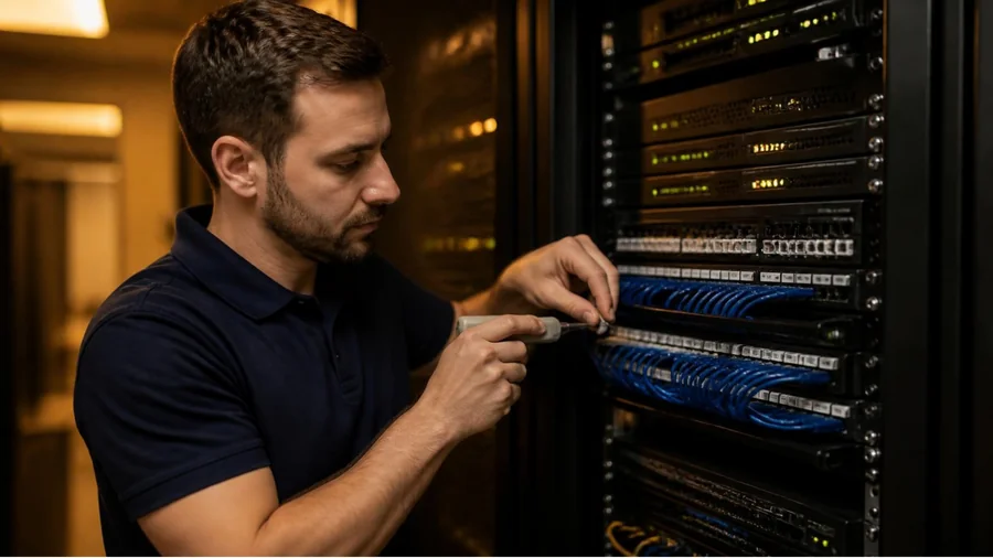 Imagen ilustrativa de un técnico configurando un switch y cableado estructurado en un rack de networking corporativo